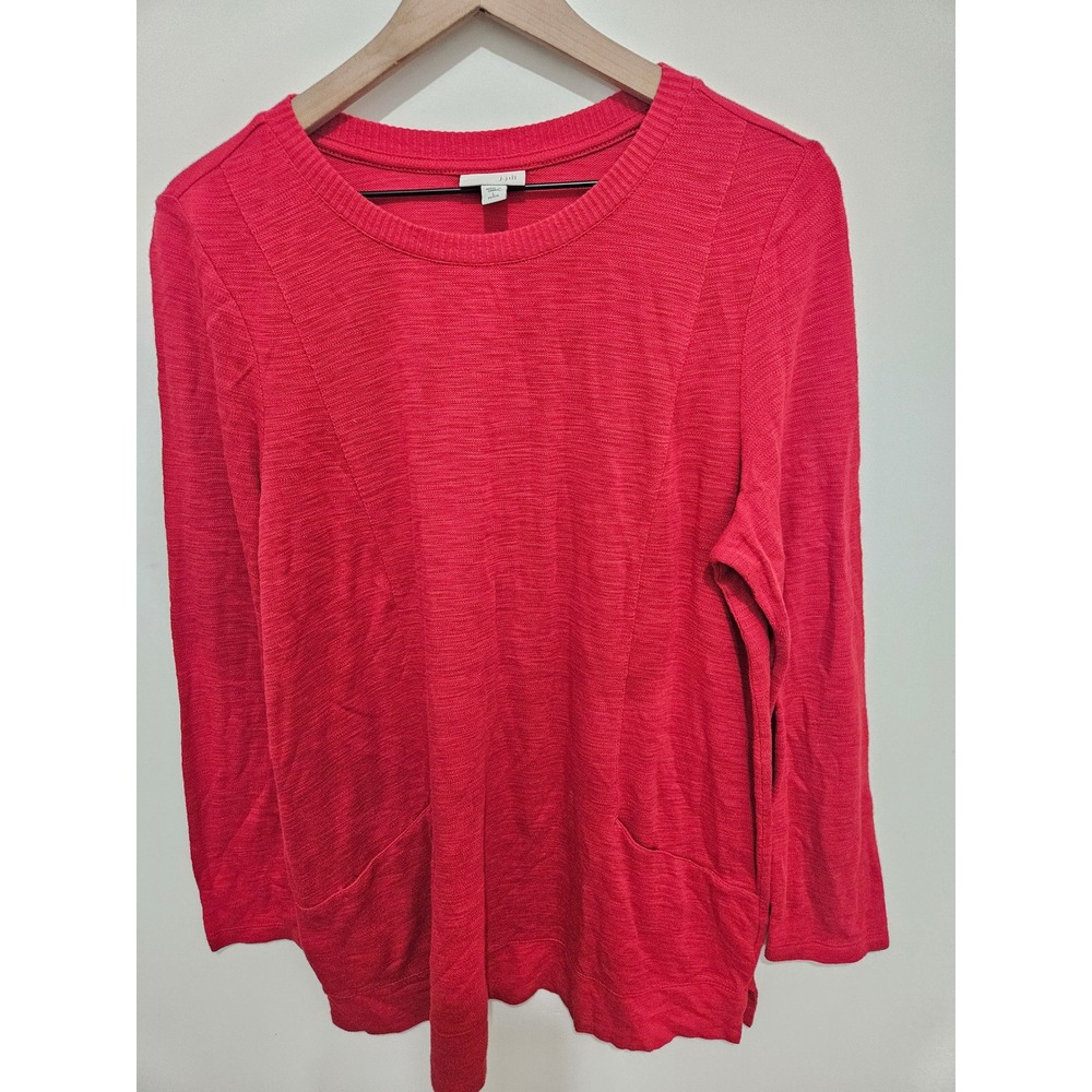 J. Jill Red Slub Knit Long Sleeve Pocket Tunic Top L Petite Cotton Modal Blend